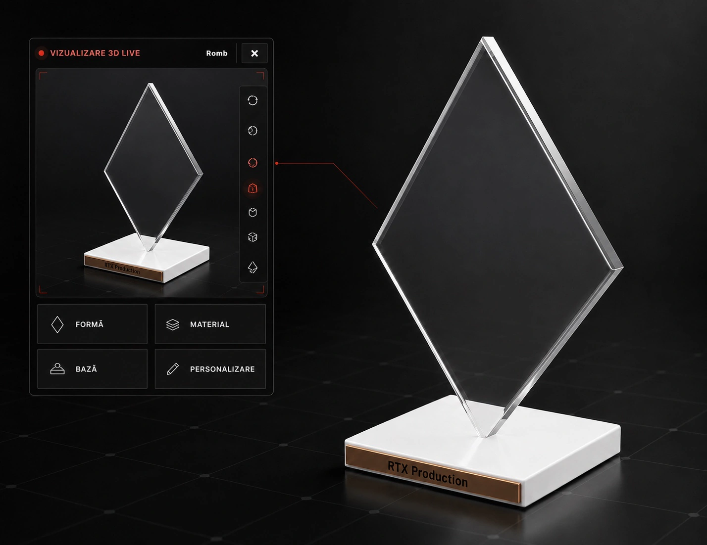 Optimizatorul 3D RTX Production și previzualizarea unui trofeu din plexiglas